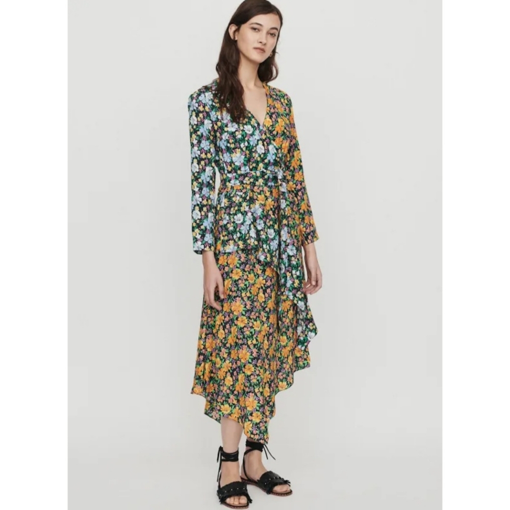 Maje Roen Floral Print Long Sleeve Asymmetrical Wrap Dress